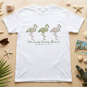Not Lucky Simply Blessed Flamingo Shirt – Christian Faith Romans 4:7 - 8 Bible Verse Flamingo T-Shirt - FlamingoAholic