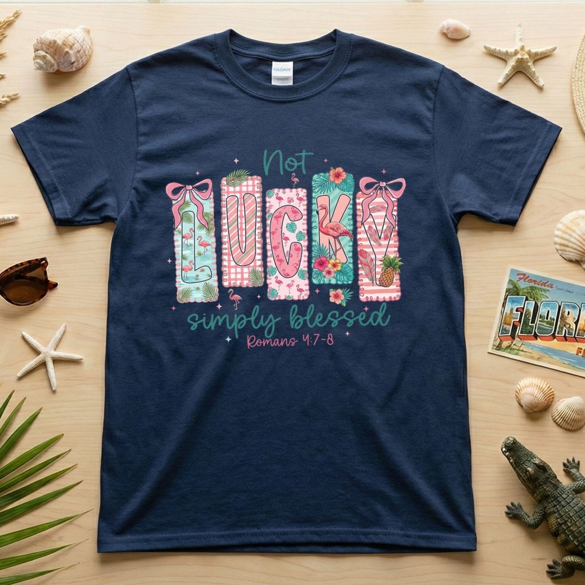 Not Lucky Simply Blessed Flamingo Shirt – Romans 4:7 - 8 Christian Faith Tropical Flamingo T-Shirt - FlamingoAholic