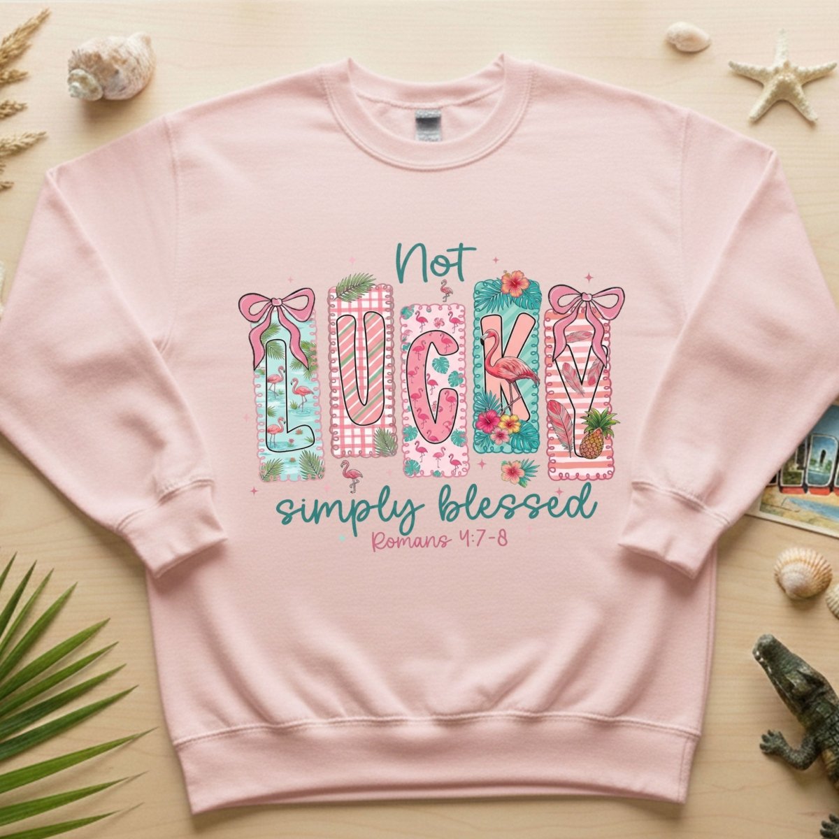 Not Lucky Simply Blessed Flamingo Shirt – Romans 4:7 - 8 Christian Faith Tropical Flamingo T-Shirt - FlamingoAholic