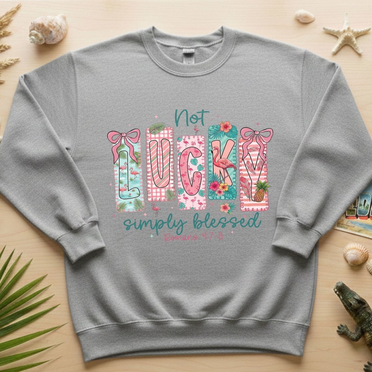 Not Lucky Simply Blessed Flamingo Shirt – Romans 4:7 - 8 Christian Faith Tropical Flamingo T-Shirt - FlamingoAholic