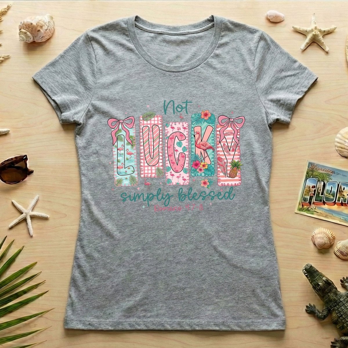 Not Lucky Simply Blessed Flamingo Shirt – Romans 4:7 - 8 Christian Faith Tropical Flamingo T-Shirt - FlamingoAholic