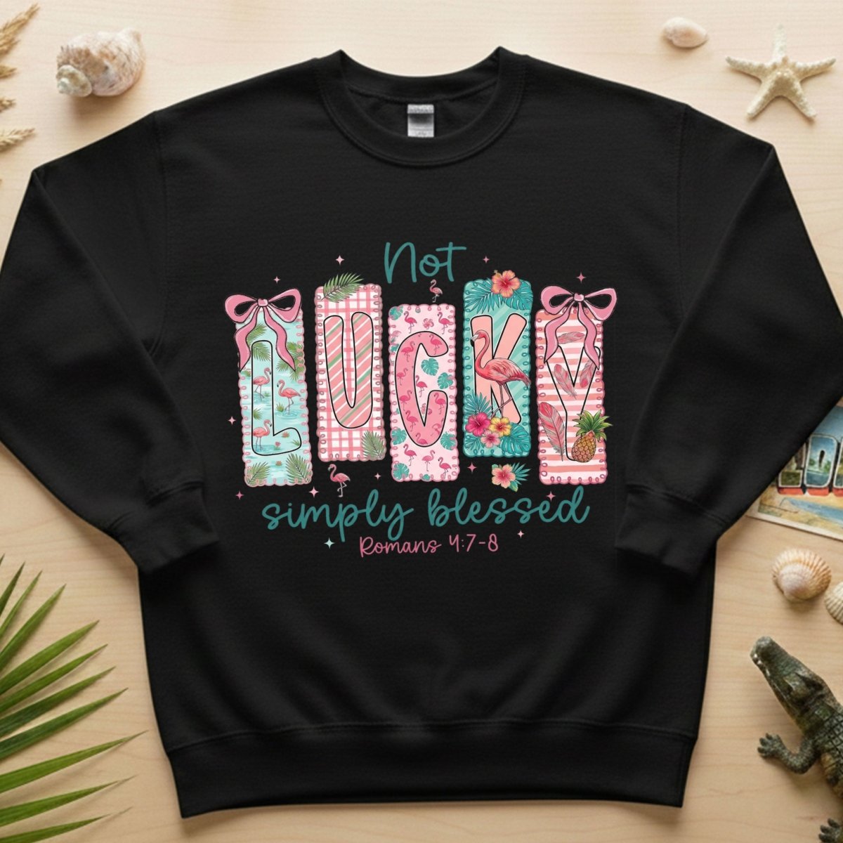 Not Lucky Simply Blessed Flamingo Shirt – Romans 4:7 - 8 Christian Faith Tropical Flamingo T-Shirt - FlamingoAholic