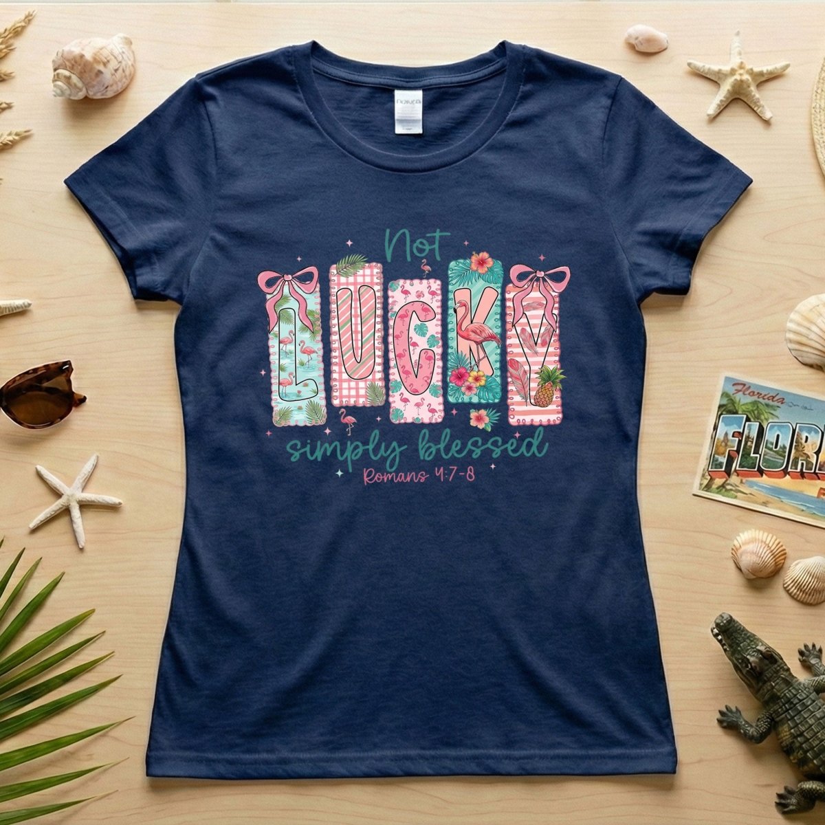 Not Lucky Simply Blessed Flamingo Shirt – Romans 4:7 - 8 Christian Faith Tropical Flamingo T-Shirt - FlamingoAholic
