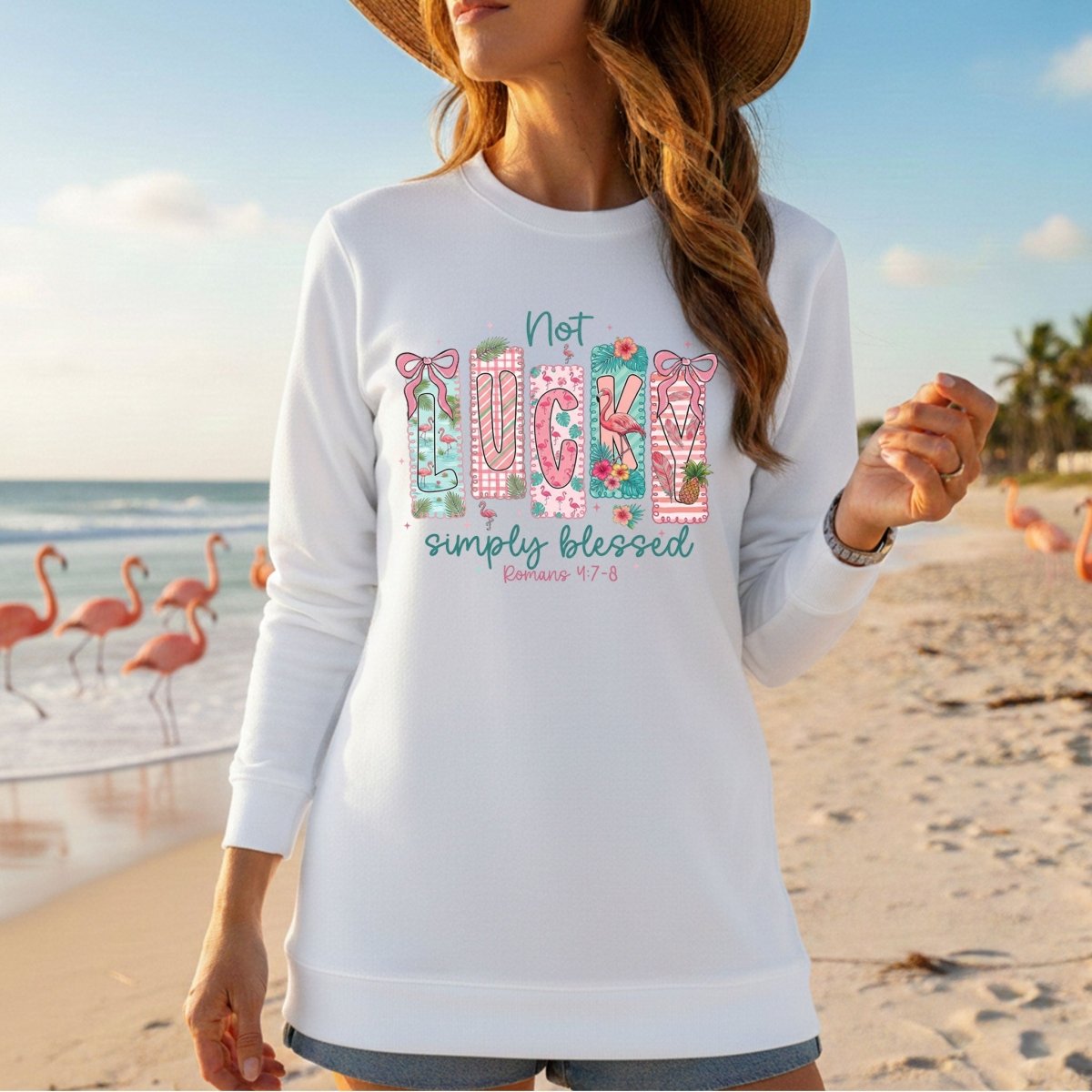 Not Lucky Simply Blessed Flamingo Shirt – Romans 4:7 - 8 Christian Faith Tropical Flamingo T-Shirt - FlamingoAholic