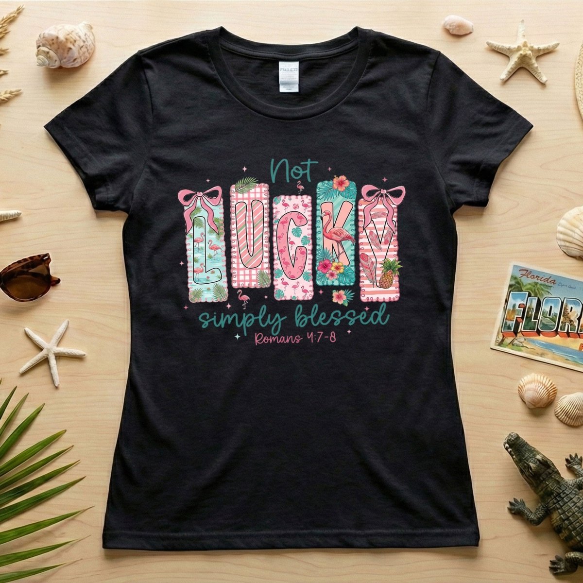 Not Lucky Simply Blessed Flamingo Shirt – Romans 4:7 - 8 Christian Faith Tropical Flamingo T-Shirt - FlamingoAholic