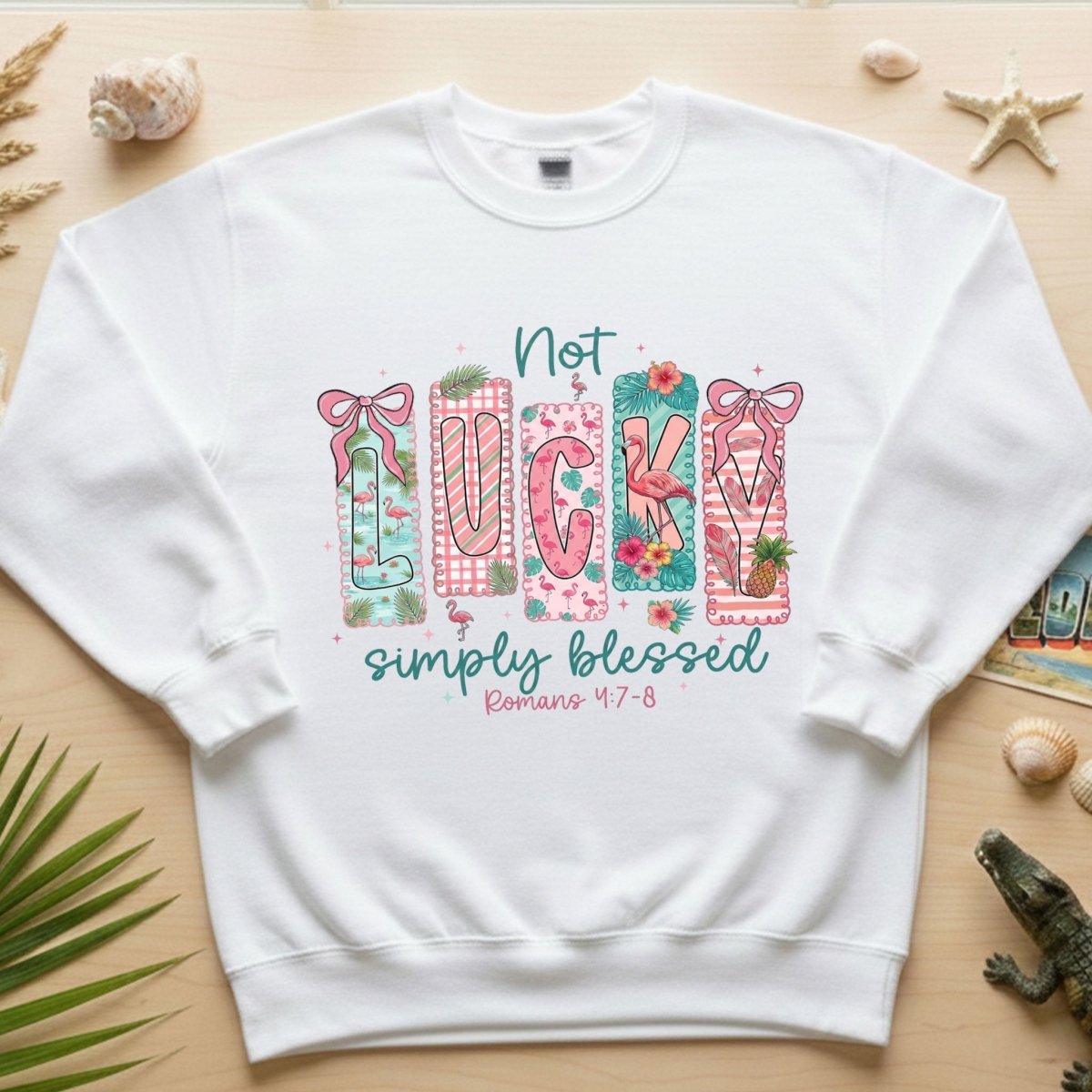 Not Lucky Simply Blessed Flamingo Shirt – Romans 4:7 - 8 Christian Faith Tropical Flamingo T-Shirt - FlamingoAholic