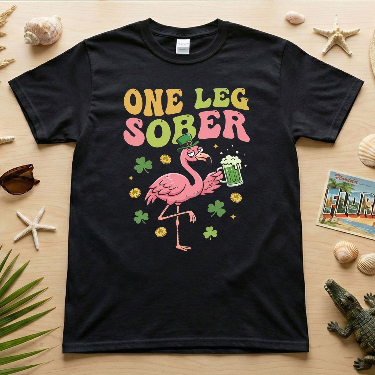 One Leg Sober St. Patrick's Day Flamingo T-Shirt - Funny Irish Beer Party Tee for Her - FlamingoAholic