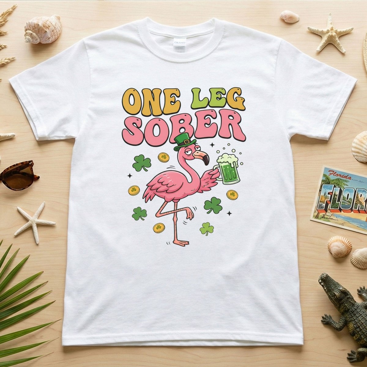 One Leg Sober St. Patrick's Day Flamingo T-Shirt - Funny Irish Beer Party Tee for Her - FlamingoAholic