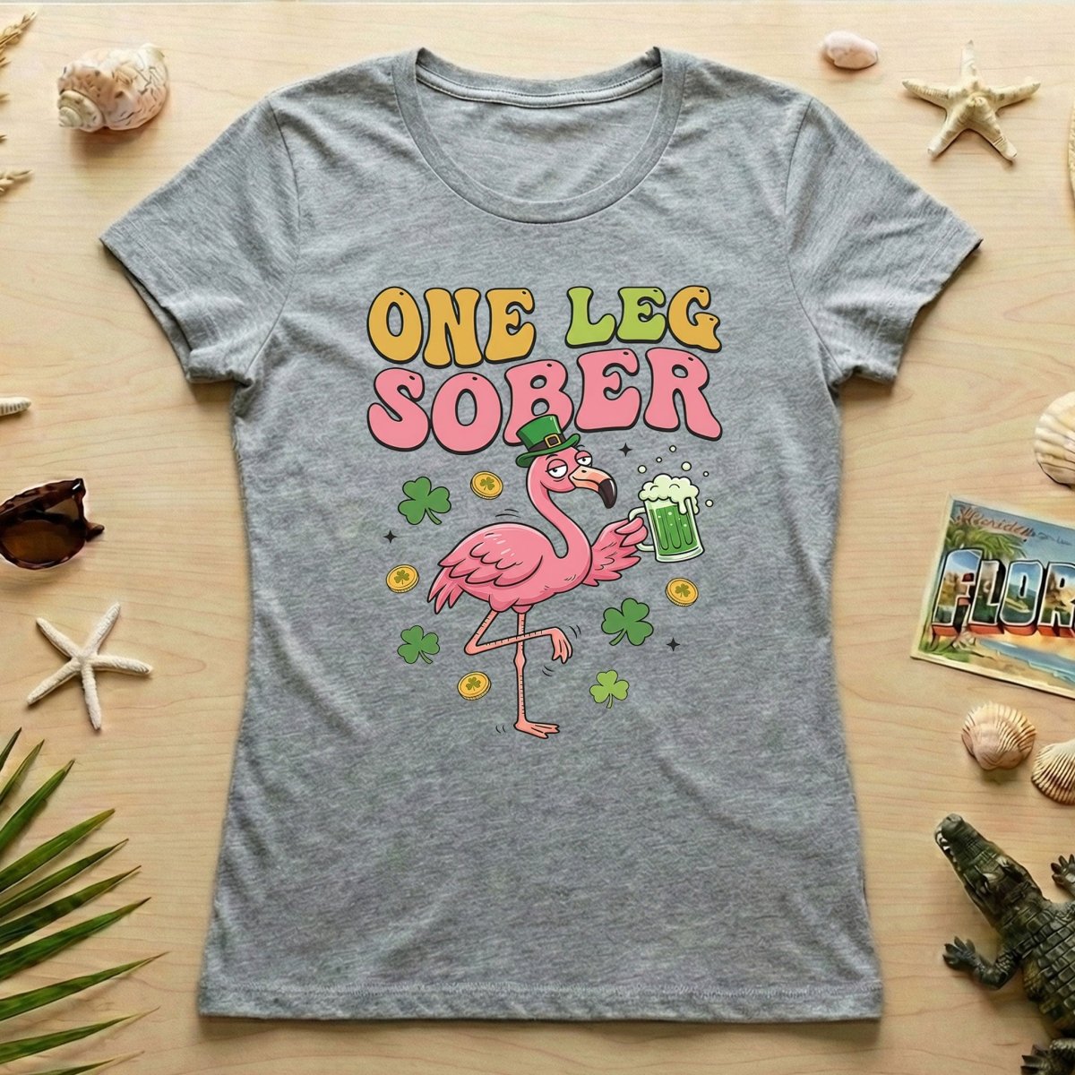 One Leg Sober St. Patrick's Day Flamingo T-Shirt - Funny Irish Beer Party Tee for Her - FlamingoAholic