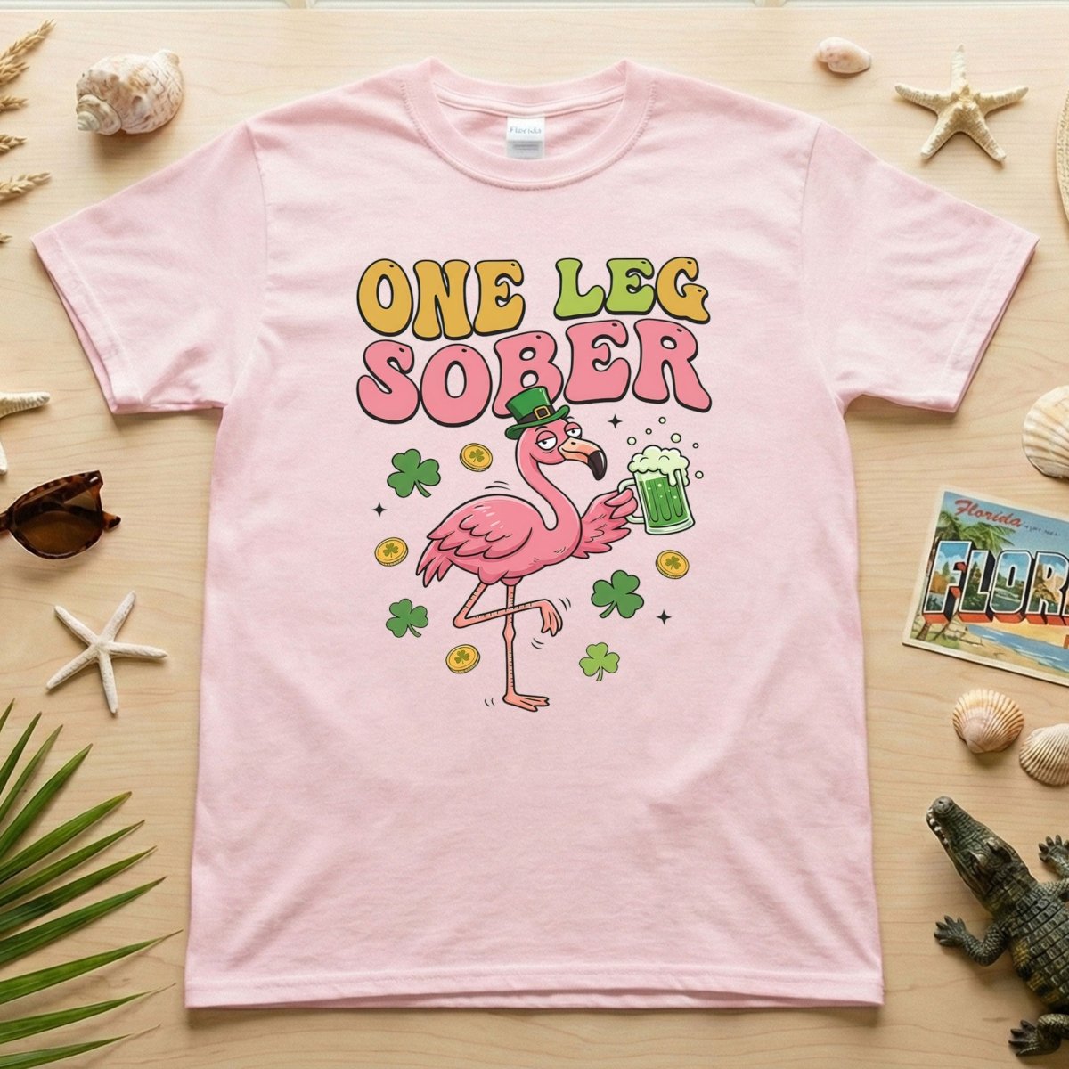 One Leg Sober St. Patrick's Day Flamingo T-Shirt - Funny Irish Beer Party Tee for Her - FlamingoAholic