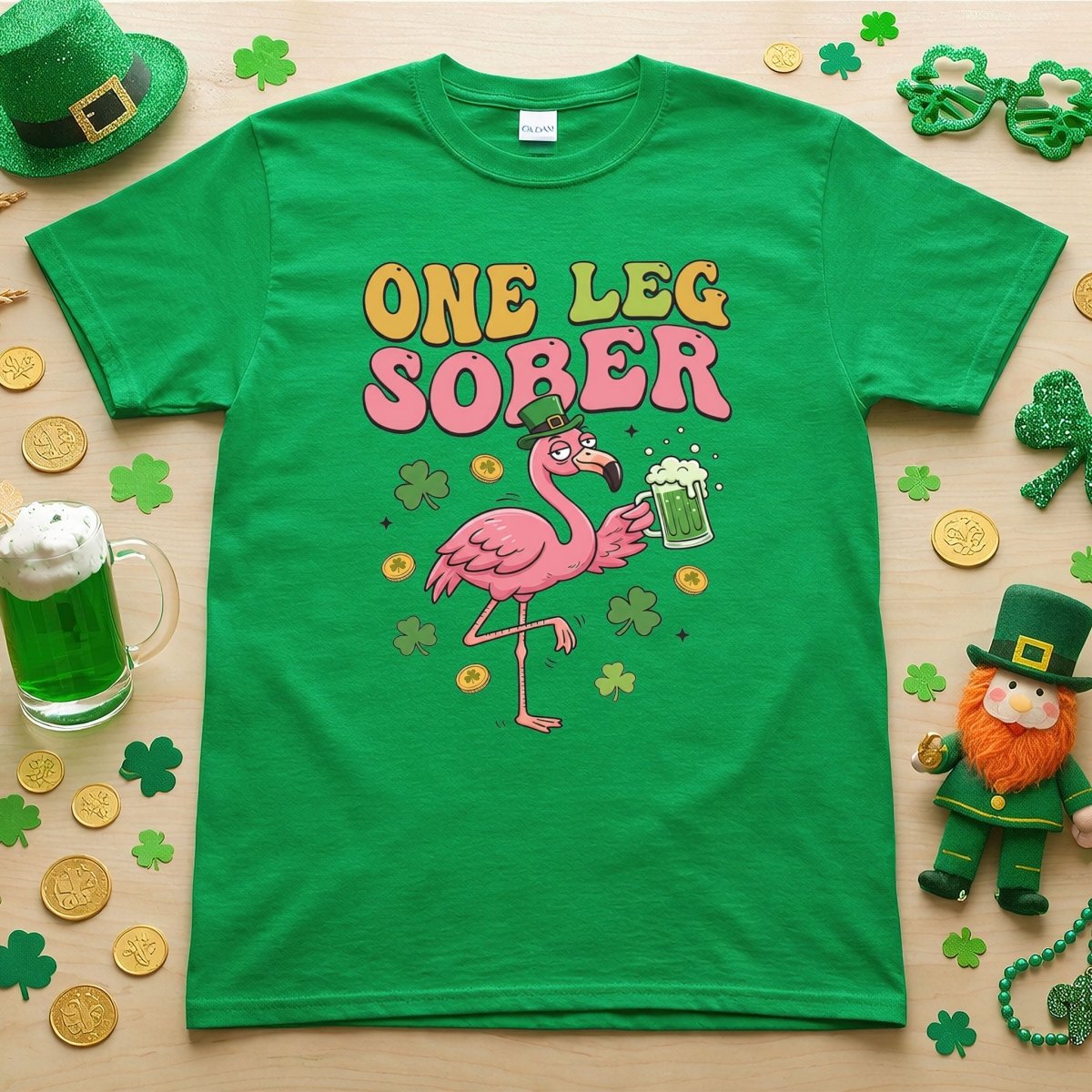 One Leg Sober St. Patrick's Day Flamingo T-Shirt - Funny Irish Beer Party Tee for Her - FlamingoAholic