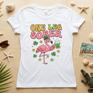 One Leg Sober St. Patrick's Day Flamingo T-Shirt - Funny Irish Beer Party Tee for Her - FlamingoAholic