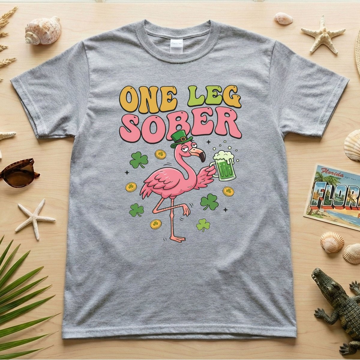 One Leg Sober St. Patrick's Day Flamingo T-Shirt - Funny Irish Beer Party Tee for Her - FlamingoAholic