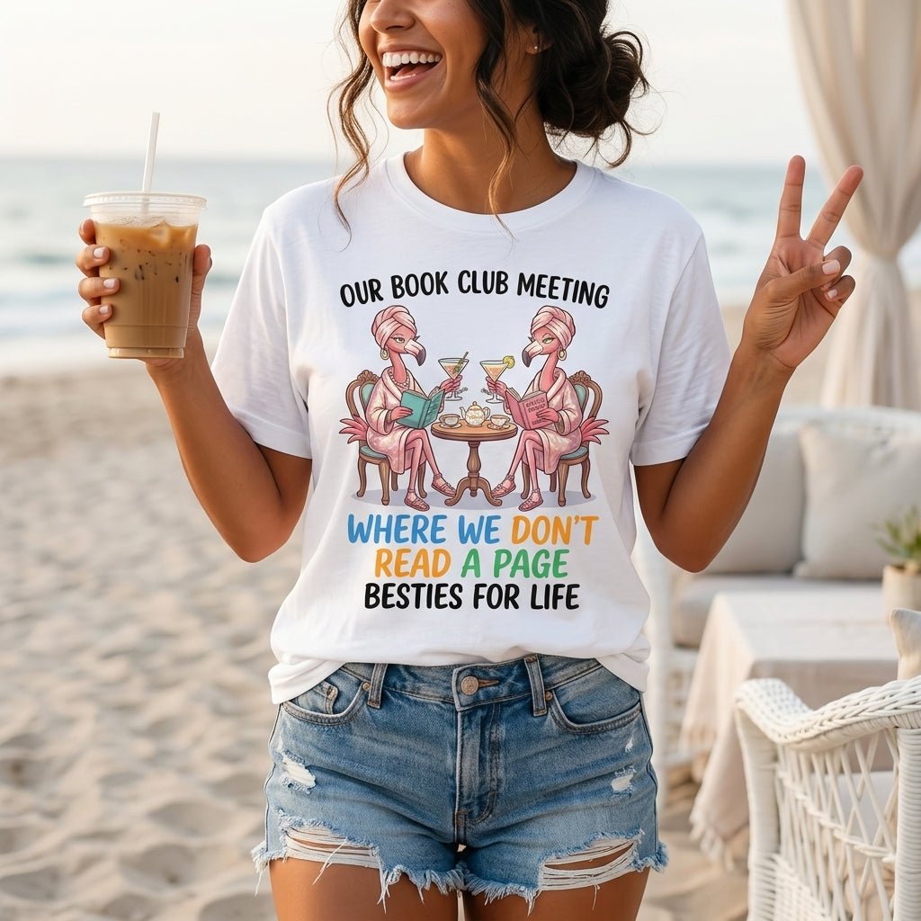 Our Book Club Meeting Where We Don't Read A Page Besties For Life Flamingo Shirt - FlamingoAholic