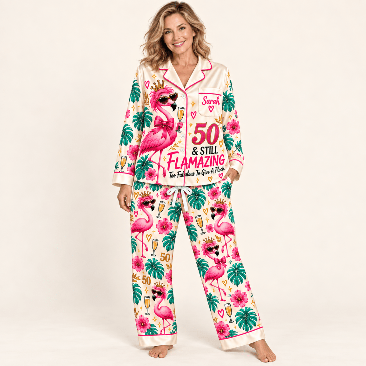 Personalized 50 & Still Flamazing Flamingo Satin Pajama Set - FlamingoAholic