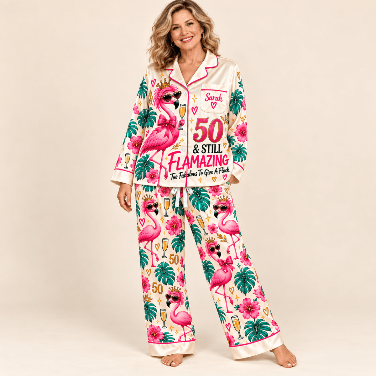Personalized 50 & Still Flamazing Flamingo Satin Pajama Set for Women - FlamingoAholic