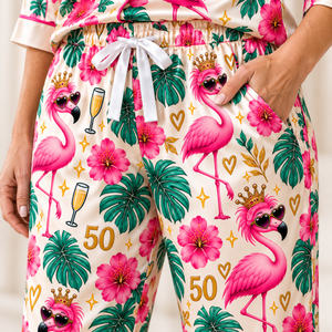 Personalized 50 & Still Flamazing Flamingo Satin Pajama Set for Women - FlamingoAholic