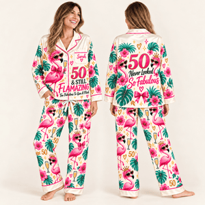 Personalized 50 & Still Flamazing Flamingo Satin Pajama Set for Women - FlamingoAholic