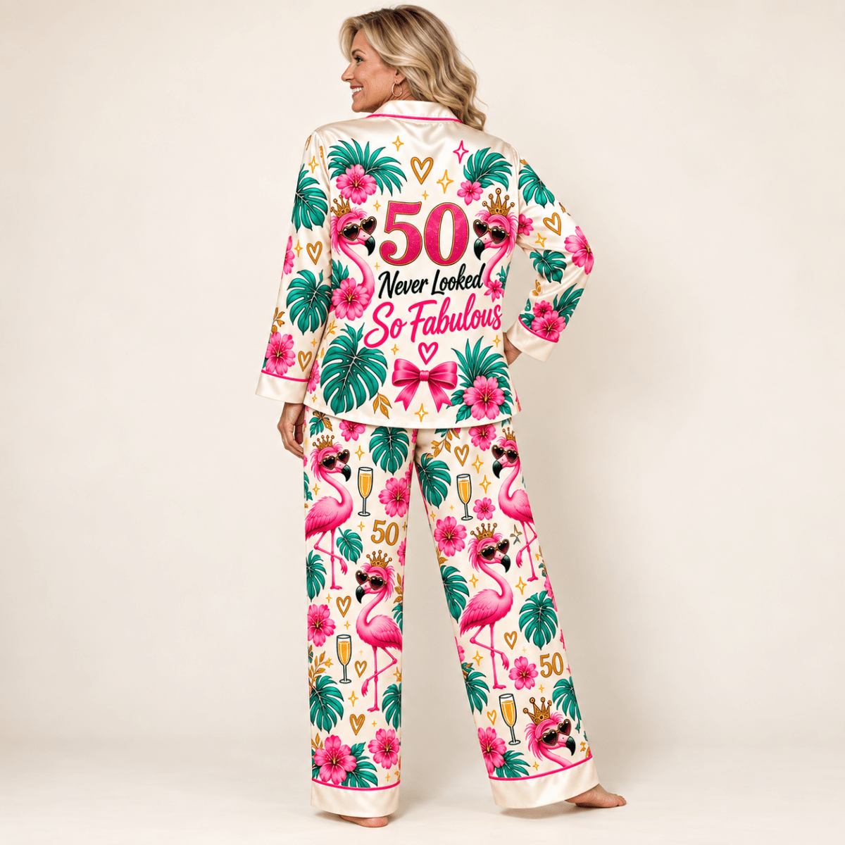Personalized 50 & Still Flamazing Flamingo Satin Pajama Set for Women - FlamingoAholic