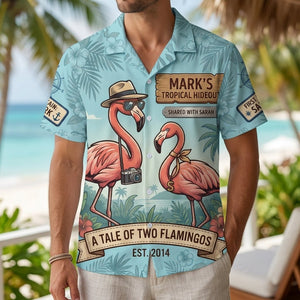 Personalized "A Tale of Two Flamingos" Couples Tropical Hawaiian Shirt - FlamingoAholic