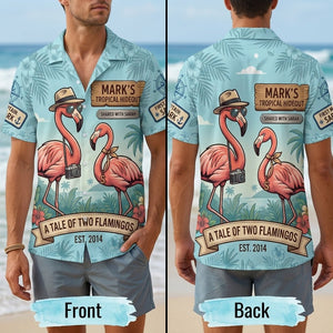 Personalized "A Tale of Two Flamingos" Couples Tropical Hawaiian Shirt - FlamingoAholic