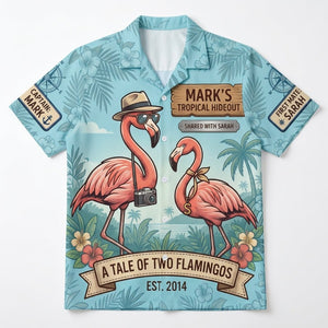 Personalized "A Tale of Two Flamingos" Couples Tropical Hawaiian Shirt - FlamingoAholic