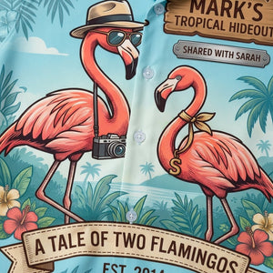 Personalized "A Tale of Two Flamingos" Couples Tropical Hawaiian Shirt - FlamingoAholic