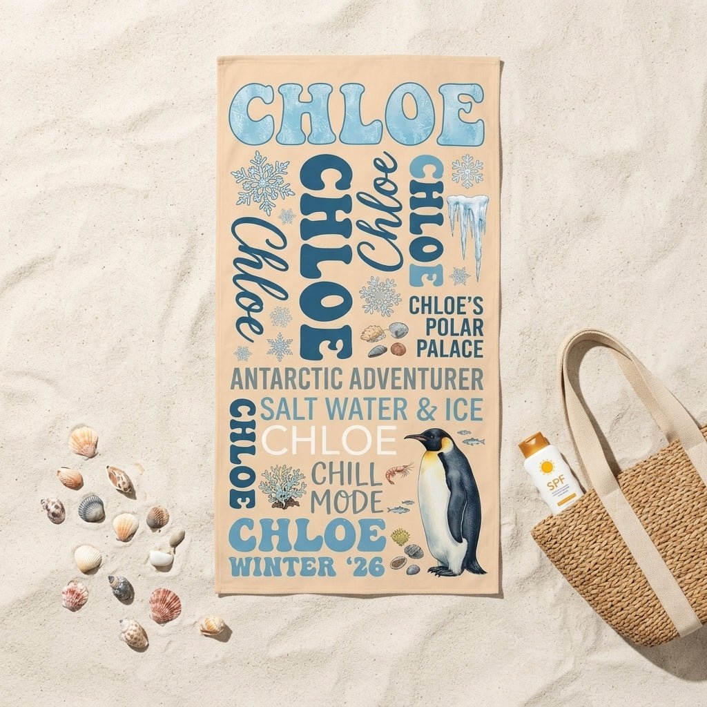 Personalized Antarctic Penguin Beach Towel - Custom Name "Chill Mode" Gift - FlamingoAholic
