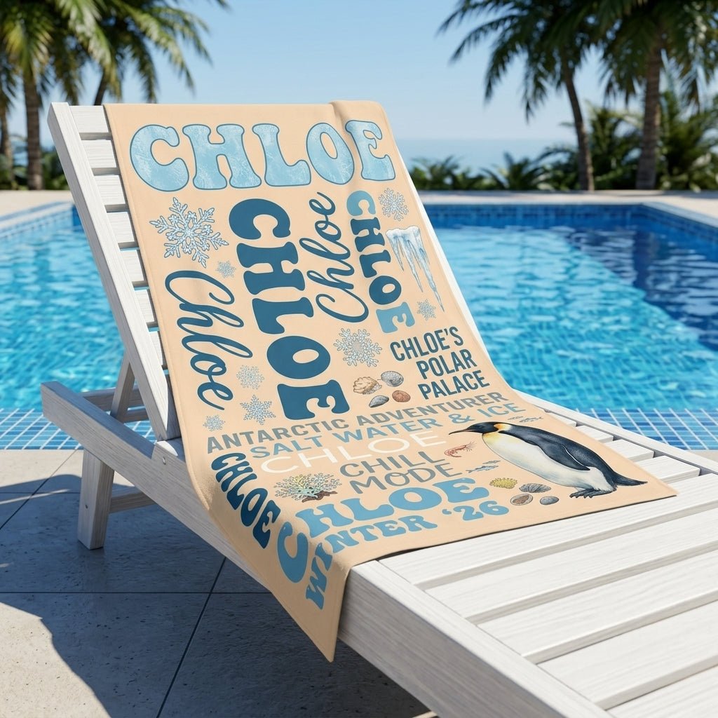 Personalized Antarctic Penguin Beach Towel - Custom Name "Chill Mode" Gift - FlamingoAholic