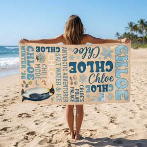 Personalized Antarctic Penguin Beach Towel - Custom Name "Chill Mode" Gift - FlamingoAholic