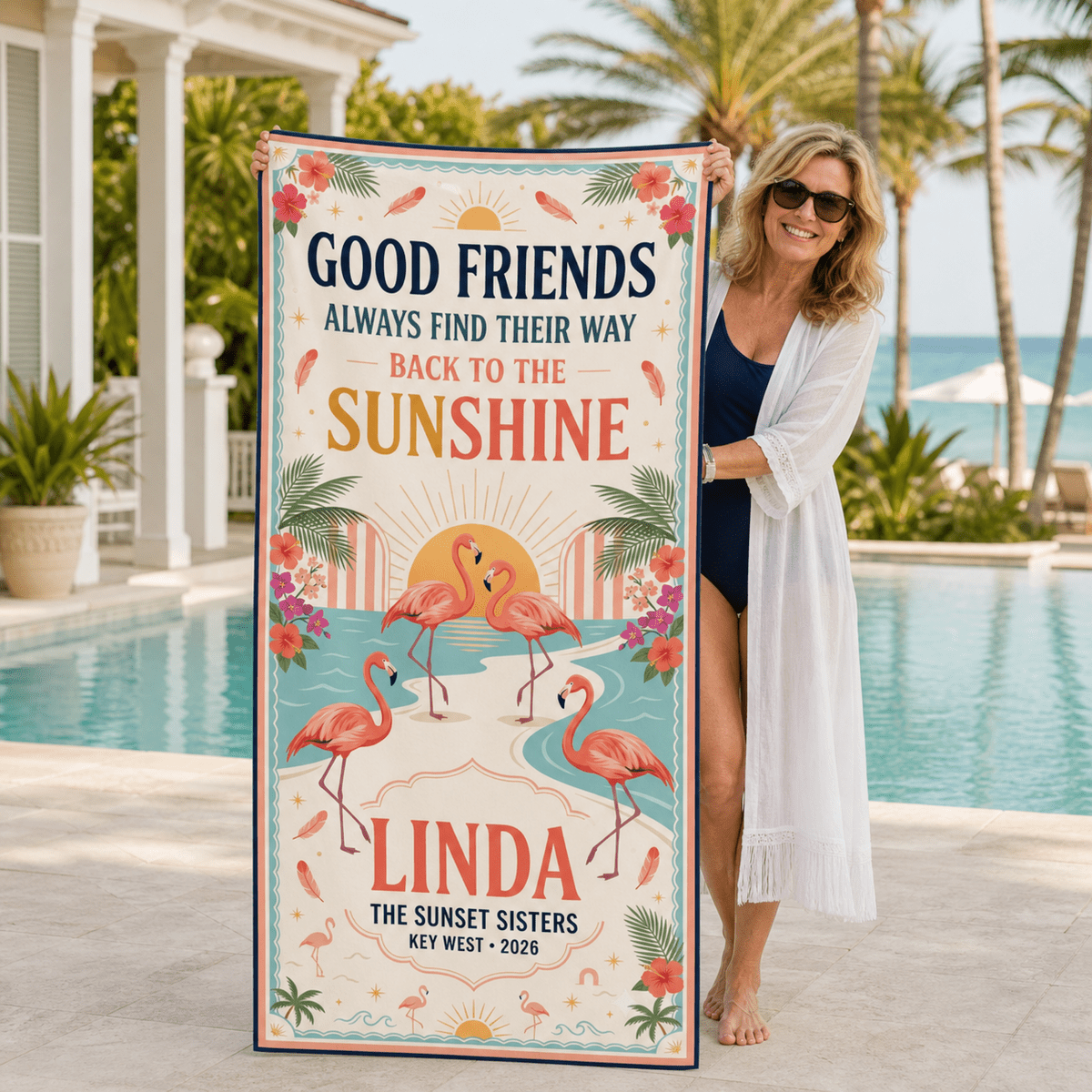 Personalized Best Friend Beach Towel | Custom Flamingo Girls Trip Gift | Beach Vacation Towel - FlamingoAholic