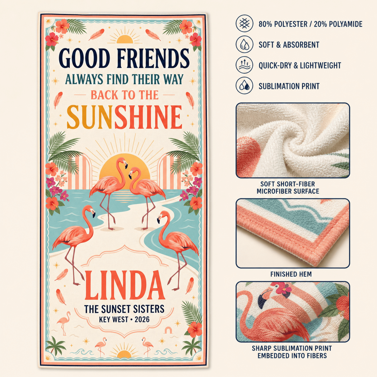 Personalized Best Friend Beach Towel | Custom Flamingo Girls Trip Gift | Beach Vacation Towel - FlamingoAholic