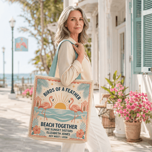Personalized Birds of a Feather Beach Together Tote Bag | Custom Flamingo Beach Tote - FlamingoAholic