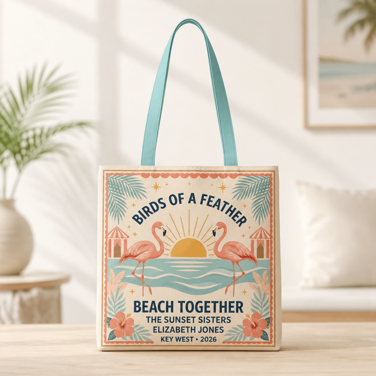 Personalized Birds of a Feather Beach Together Tote Bag | Custom Flamingo Beach Tote - FlamingoAholic
