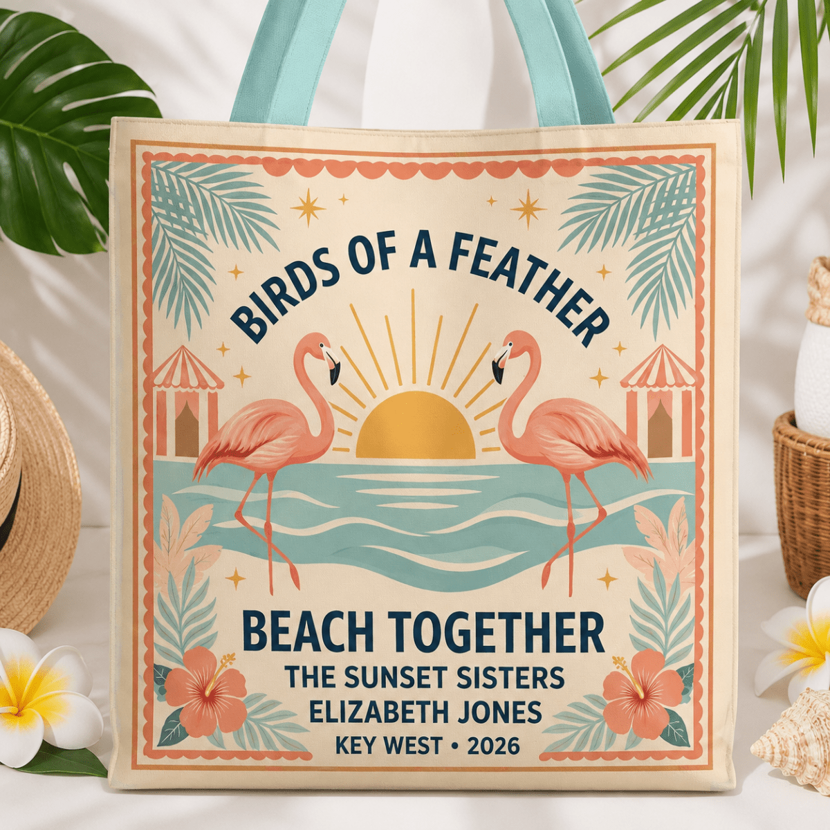 Personalized Birds of a Feather Beach Together Tote Bag | Custom Flamingo Beach Tote - FlamingoAholic