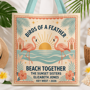 Personalized Birds of a Feather Beach Together Tote Bag | Custom Flamingo Beach Tote - FlamingoAholic