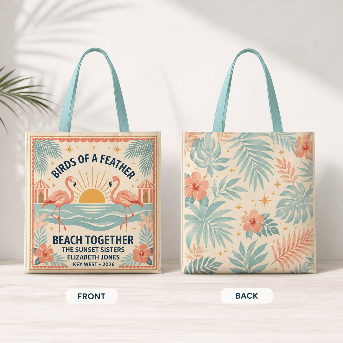 Personalized Birds of a Feather Beach Together Tote Bag | Custom Flamingo Beach Tote - FlamingoAholic