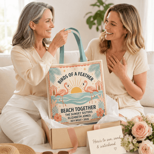Personalized Birds of a Feather Beach Together Tote Bag | Custom Flamingo Beach Tote - FlamingoAholic