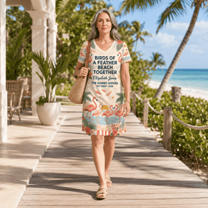 Personalized Birds of a Feather Beach Together Women's V-Neck Dress | Flamingo Dress - FlamingoAholic
