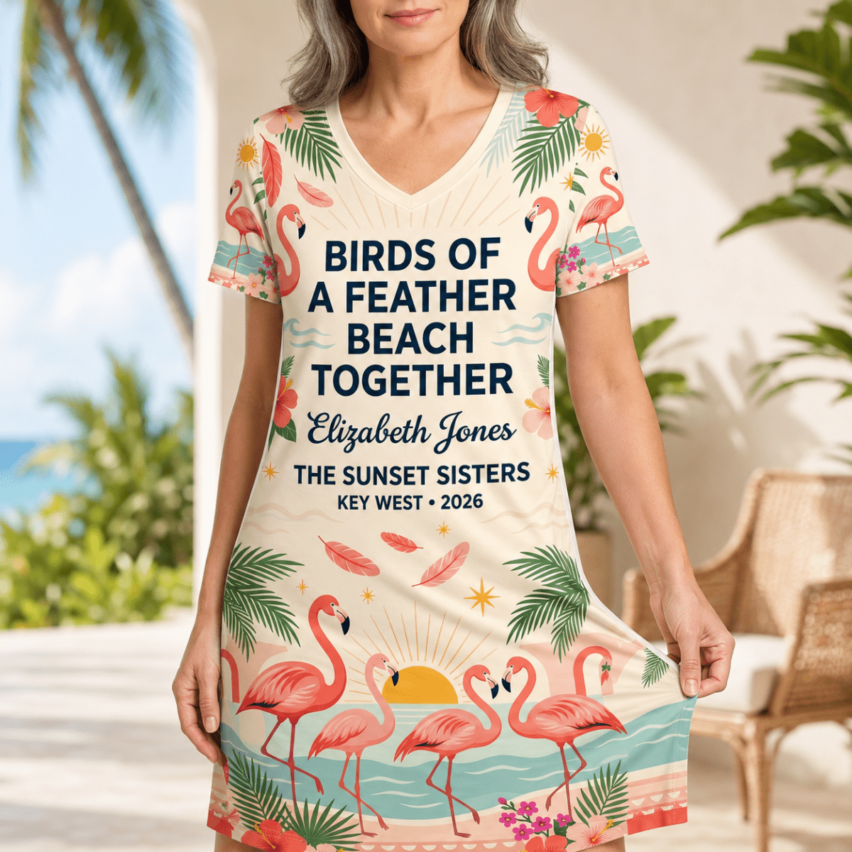 Personalized Birds of a Feather Beach Together Women's V-Neck Dress | Flamingo Dress - FlamingoAholic