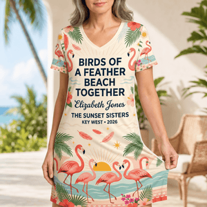 Personalized Birds of a Feather Beach Together Women's V-Neck Dress | Flamingo Dress - FlamingoAholic