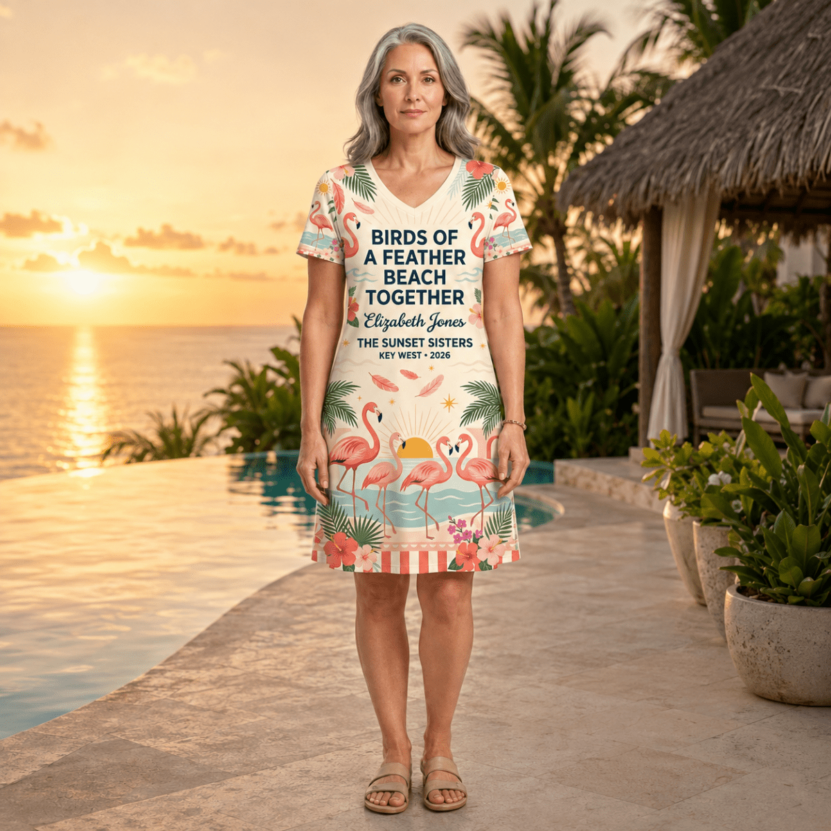 Personalized Birds of a Feather Beach Together Women's V-Neck Dress | Flamingo Dress - FlamingoAholic