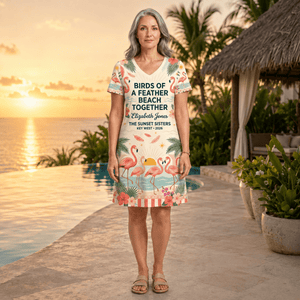 Personalized Birds of a Feather Beach Together Women's V-Neck Dress | Flamingo Dress - FlamingoAholic