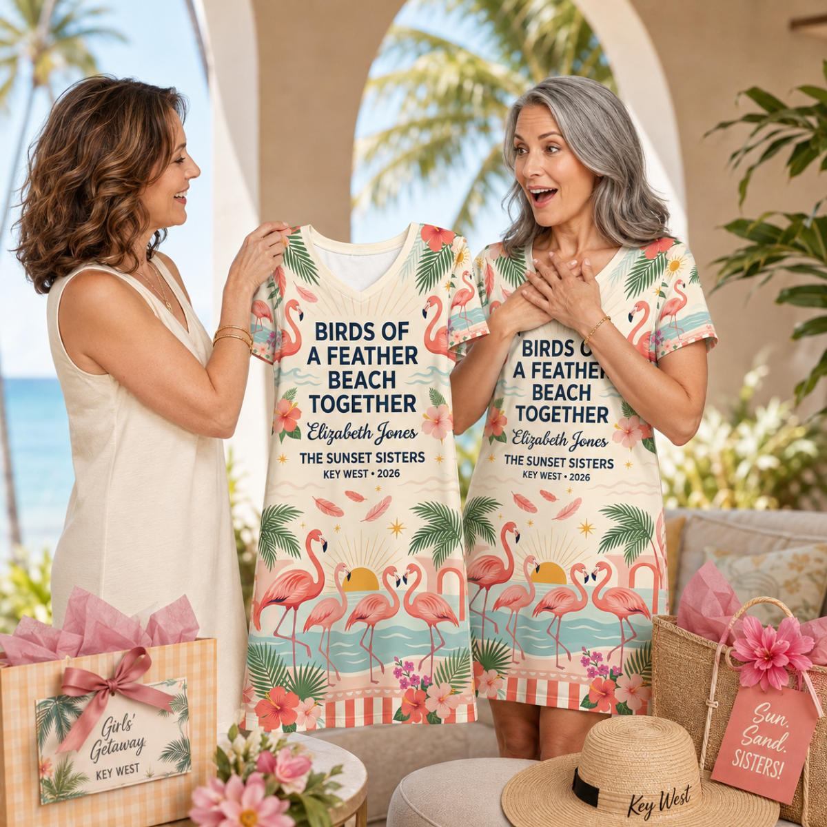 Personalized Birds of a Feather Beach Together Women's V-Neck Dress | Flamingo Dress - FlamingoAholic