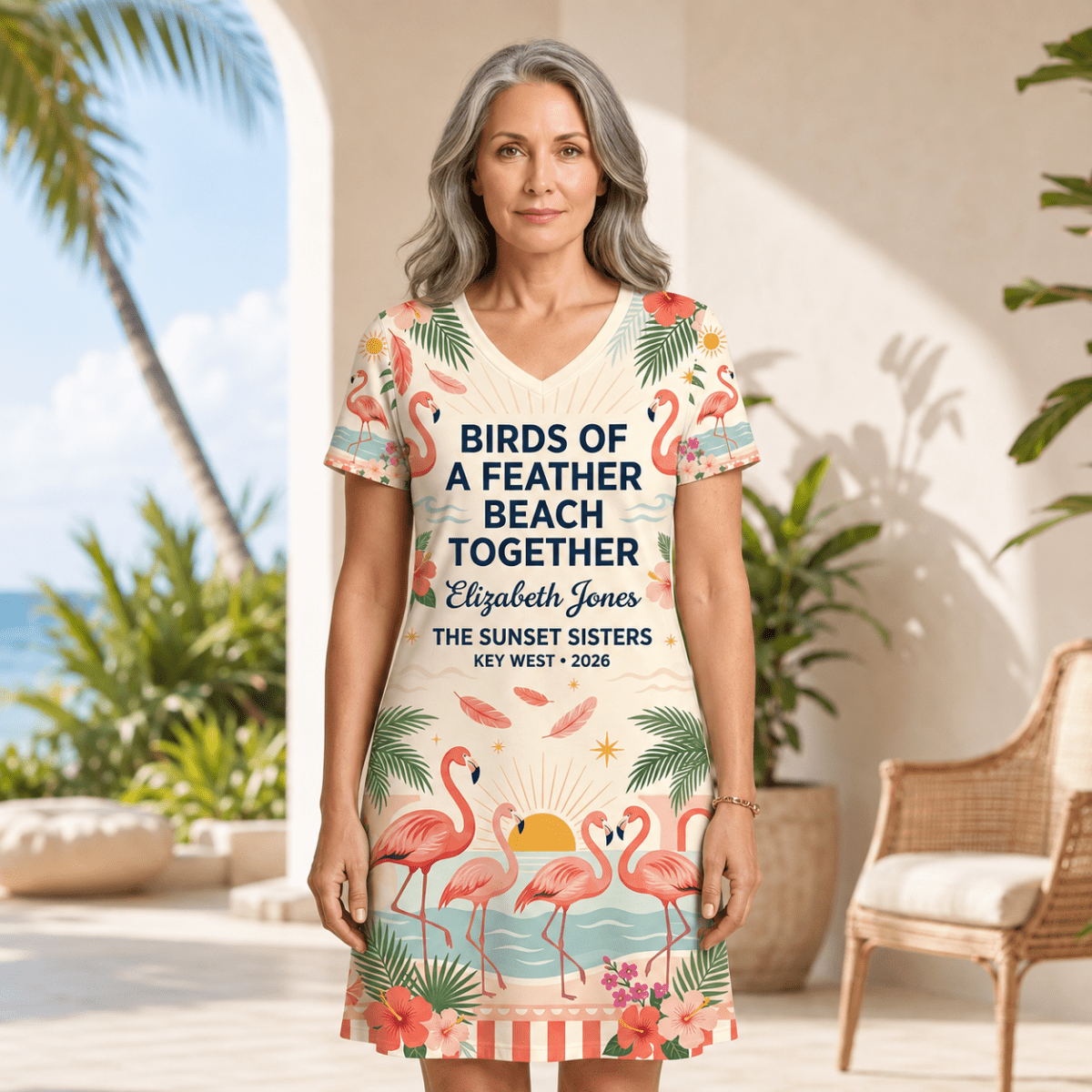 Personalized Birds of a Feather Beach Together Women's V-Neck Dress | Flamingo Dress - FlamingoAholic