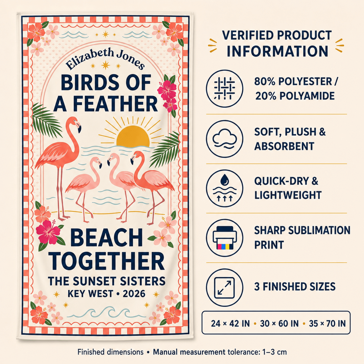 Personalized Birds of a Feather Beach Towel | Custom Best Friend Flamingo Beach Gift - FlamingoAholic