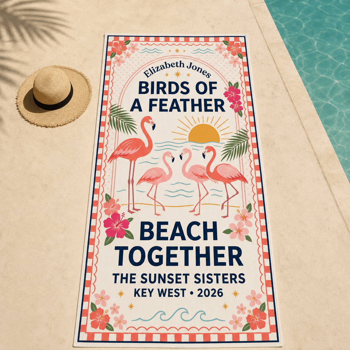 Personalized Birds of a Feather Beach Towel | Custom Best Friend Flamingo Beach Gift - FlamingoAholic