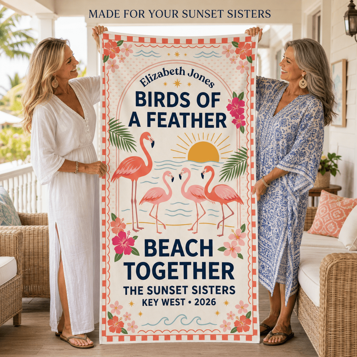 Personalized Birds of a Feather Beach Towel | Custom Best Friend Flamingo Beach Gift - FlamingoAholic