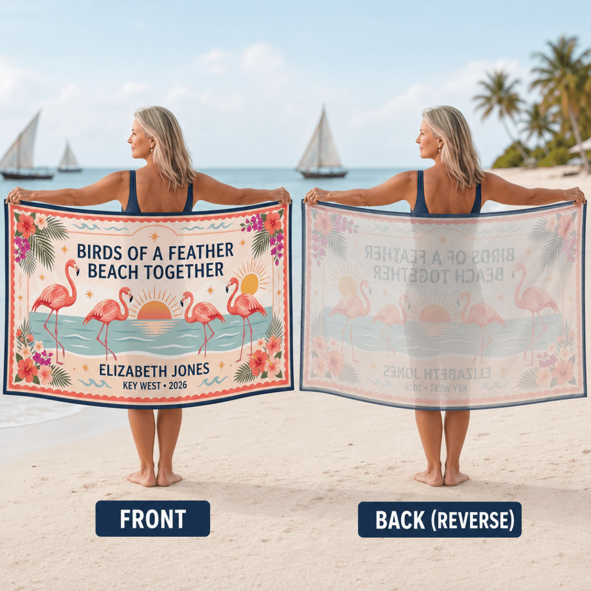 Personalized Birds of a Feather Sarong | Custom Flamingo Beach Wrap | Best Friends Gift - FlamingoAholic