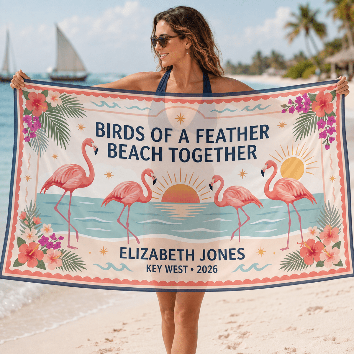 Personalized Birds of a Feather Sarong | Custom Flamingo Beach Wrap | Best Friends Gift - FlamingoAholic